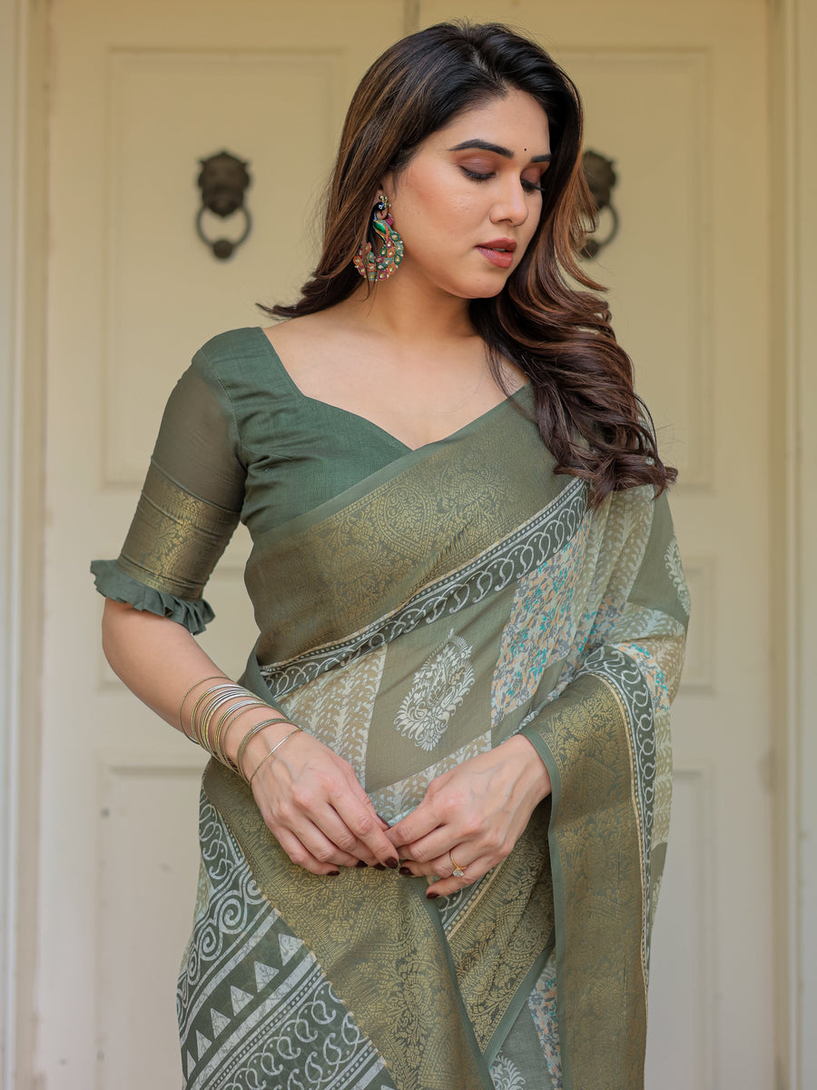 Sage Green Traditional Printed Handloom Cotton Saree with Rich Zari Border & Heritage Pallu