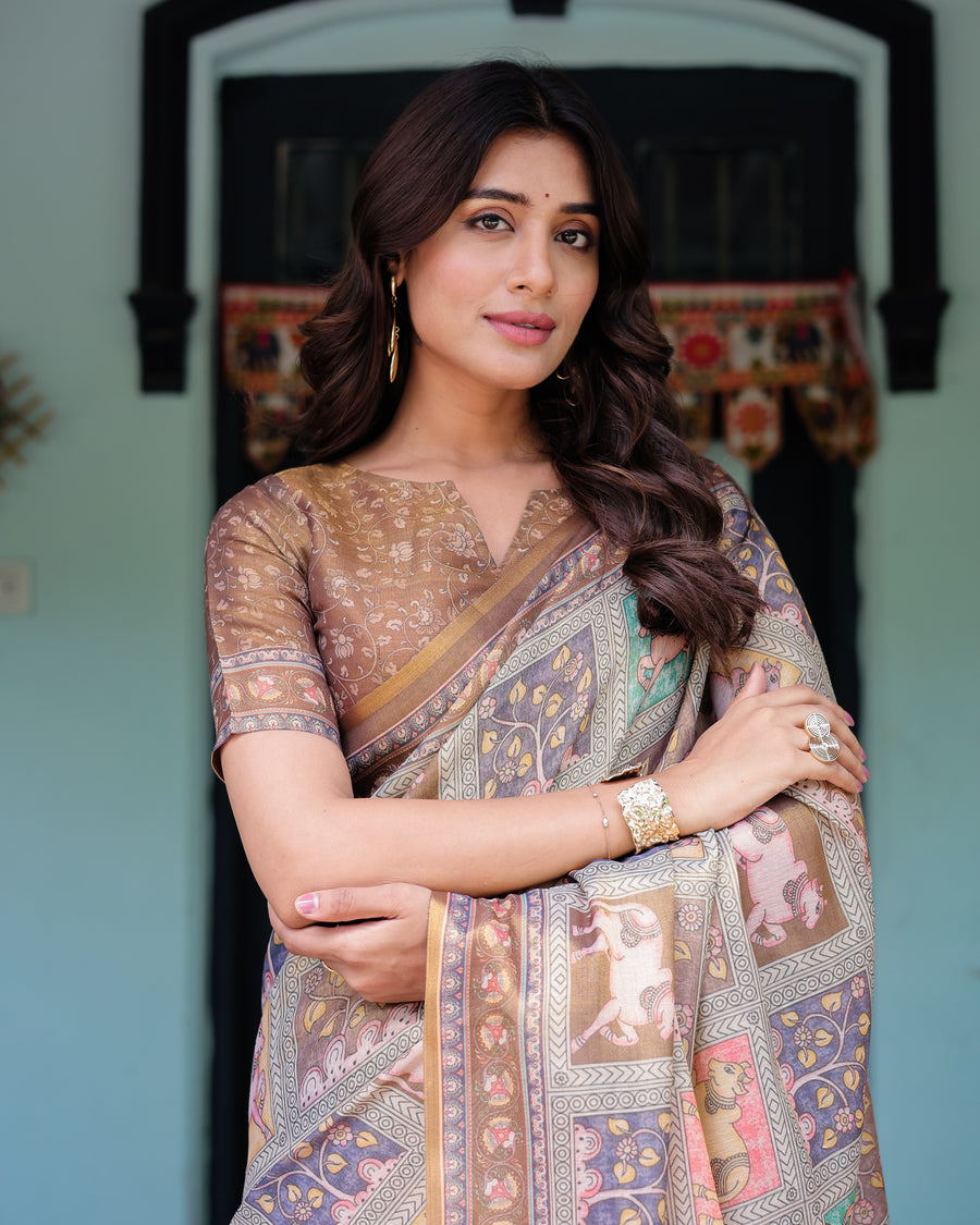 Coffee Brown Handloom Cotton Saree with Classical Art & Sacred Cow Pallu