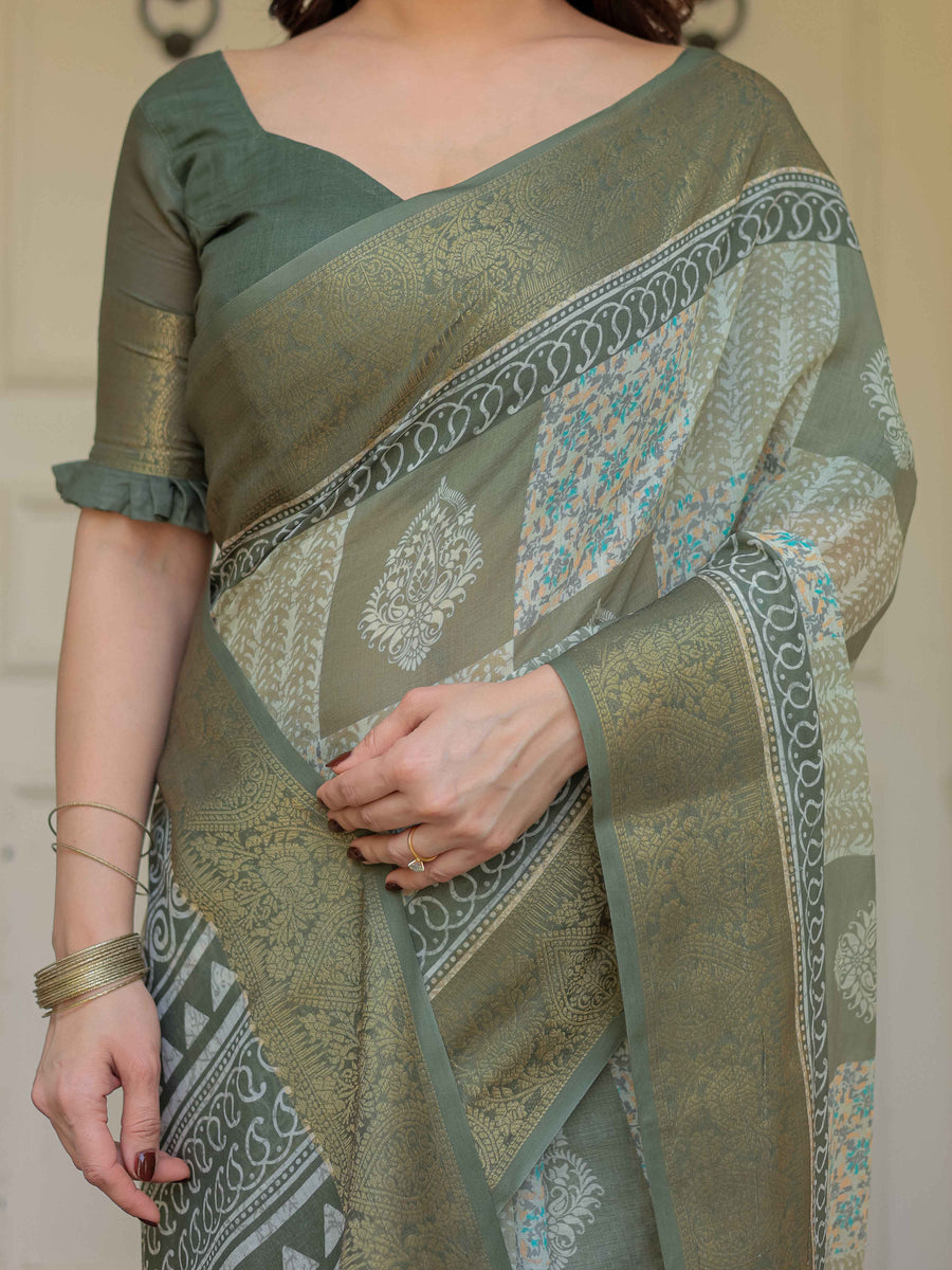 Sage Green Traditional Printed Handloom Cotton Saree with Rich Zari Border & Heritage Pallu