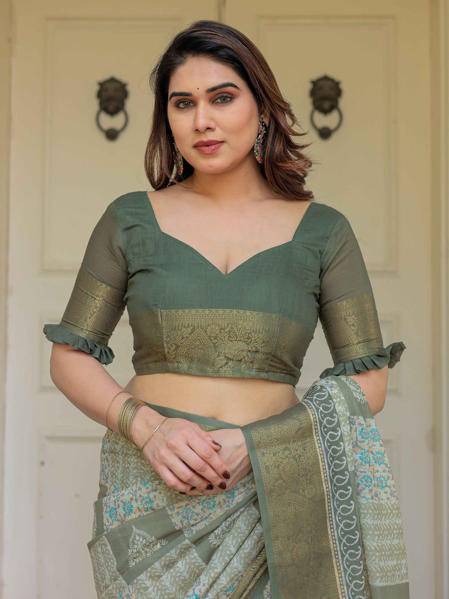 Sage Green Traditional Printed Handloom Cotton Saree with Rich Zari Border & Heritage Pallu