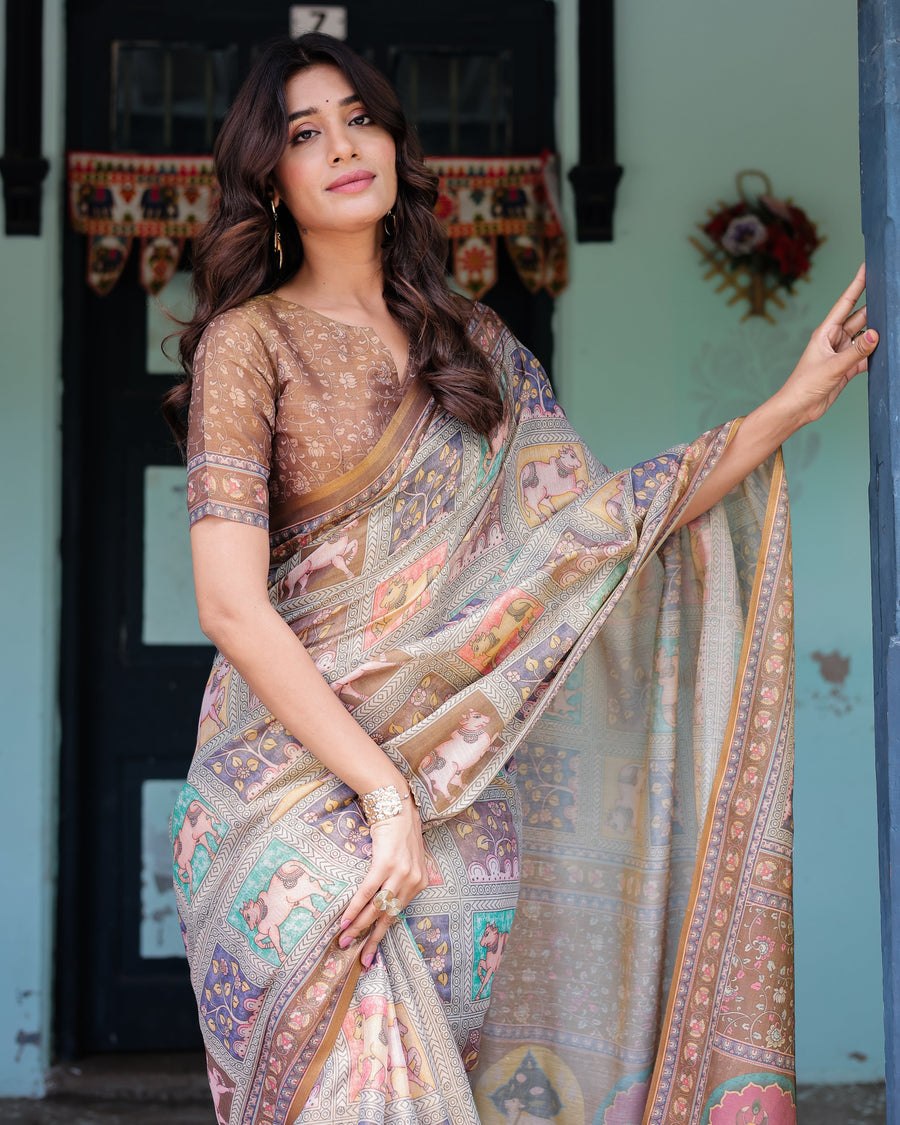 Coffee Brown Handloom Cotton Saree with Classical Art & Sacred Cow Pallu