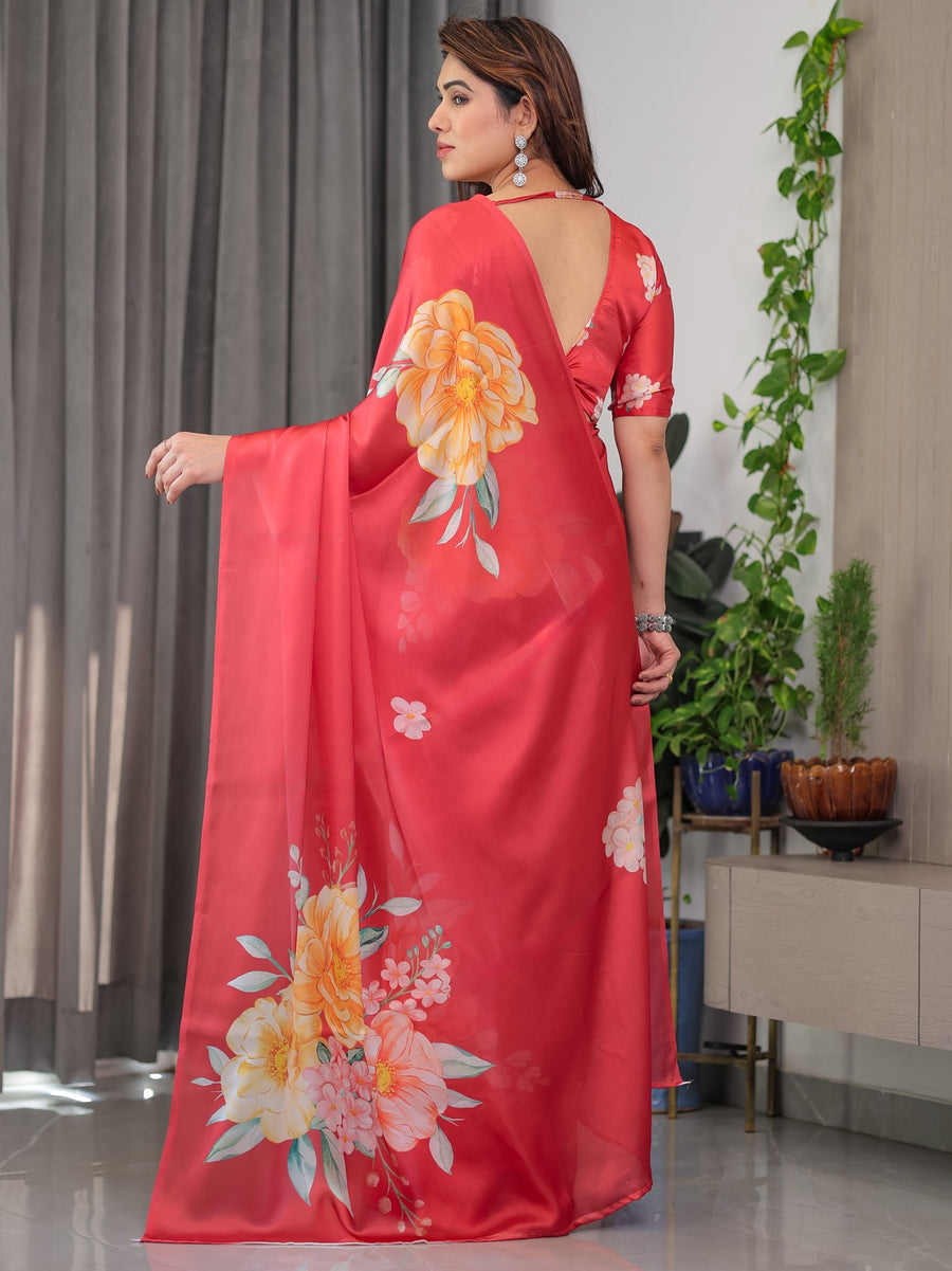 Coral Red Satin Georgette Floral Printed Saree with Attached Blouse – Buy Online | Shree Roop
