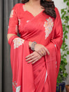 Coral Red Satin Georgette Floral Printed Saree with Attached Blouse – Buy Online | Shree Roop