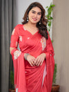 Coral Red Satin Georgette Floral Printed Saree with Attached Blouse – Buy Online | Shree Roop