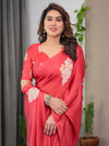 Coral Red Satin Georgette Floral Printed Saree with Attached Blouse – Buy Online | Shree Roop