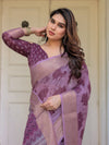 Wine Purple Handloom Cotton Floral Printed Saree with Zari Border & Tassels – Traditional Festive Wear