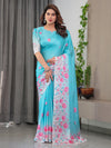 Aqua Blue Satin Georgette Pink Floral Printed Saree with Attached Blouse – Buy Online | Shree Roop