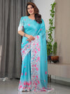 Aqua Blue Satin Georgette Pink Floral Printed Saree with Attached Blouse – Buy Online | Shree Roop