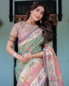 Green Lavender Handloom Cotton Saree with Floral Vines & Heritage Village Pallu