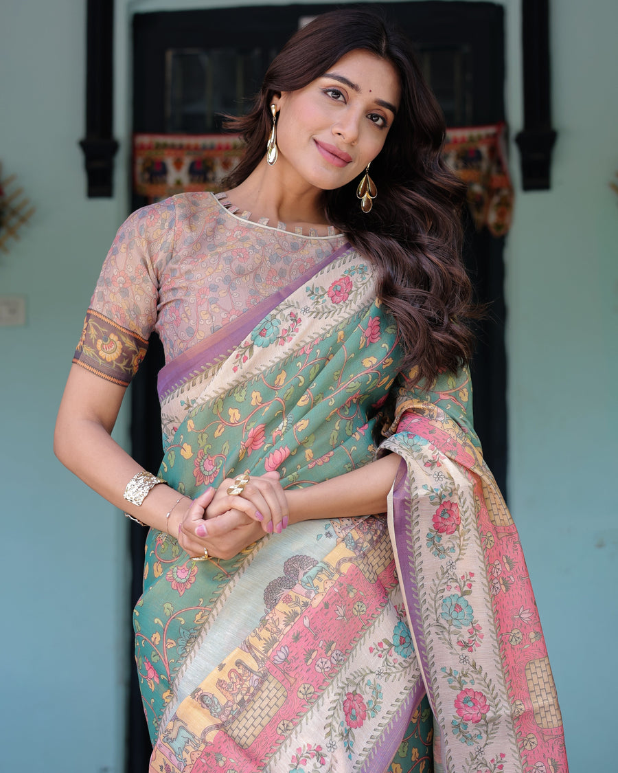 Green Lavender Handloom Cotton Saree with Floral Vines & Heritage Village Pallu