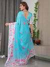Aqua Blue Satin Georgette Pink Floral Printed Saree with Attached Blouse – Buy Online | Shree Roop