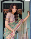 Green Lavender Handloom Cotton Saree with Floral Vines & Heritage Village Pallu