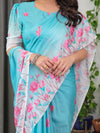 Aqua Blue Satin Georgette Pink Floral Printed Saree with Attached Blouse – Buy Online | Shree Roop