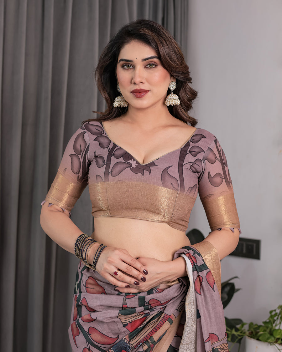 Dusty Mauve Saree with Madhubani Fish Motifs & Antique Zari Border | Cultural Art Digital Print | 5.5m Saree + 0.8m Blouse Piece