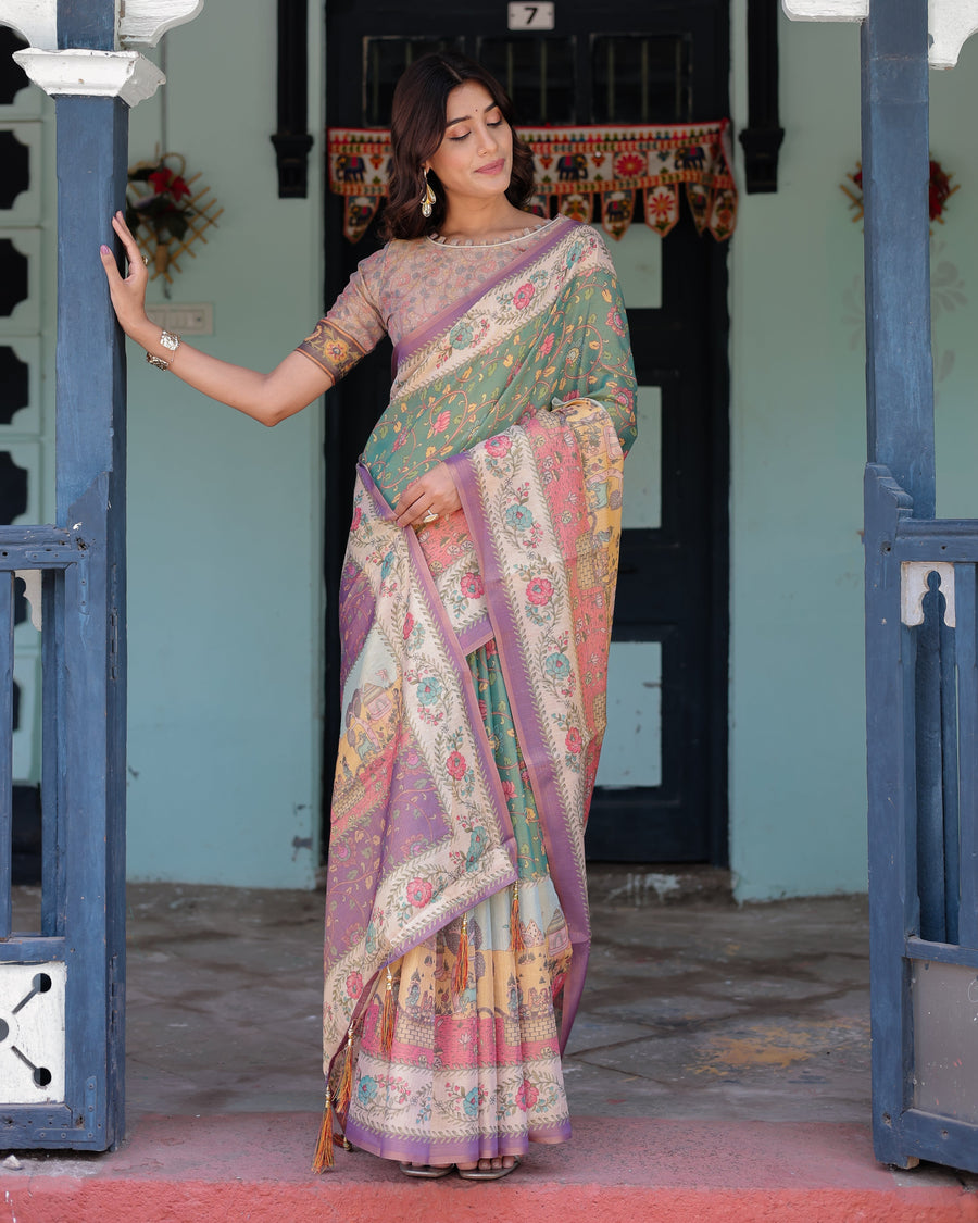 Green Lavender Handloom Cotton Saree with Floral Vines & Heritage Village Pallu