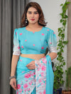 Aqua Blue Satin Georgette Pink Floral Printed Saree with Attached Blouse – Buy Online | Shree Roop