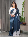 Midnight Blue Satin Georgette Abstract Floral & Polka Print Saree | Red Brushstroke – Buy Online