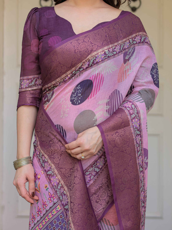 Dusty Pink & Plum Handloom Cotton Printed Saree with Zari Border & Tassels – Ethnic Traditional Wear