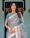 Aqua Blue Handloom Cotton Saree with Multicolor Floral Print & Royal Simha-Pakshi Pallu