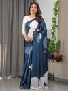Midnight Blue Satin Georgette Abstract Floral & Polka Print Saree | Red Brushstroke – Buy Online