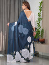 Midnight Blue Satin Georgette Abstract Floral & Polka Print Saree | Red Brushstroke – Buy Online