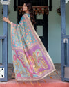 Aqua Blue Handloom Cotton Saree with Multicolor Floral Print & Royal Simha-Pakshi Pallu