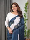 Midnight Blue Satin Georgette Abstract Floral & Polka Print Saree | Red Brushstroke – Buy Online