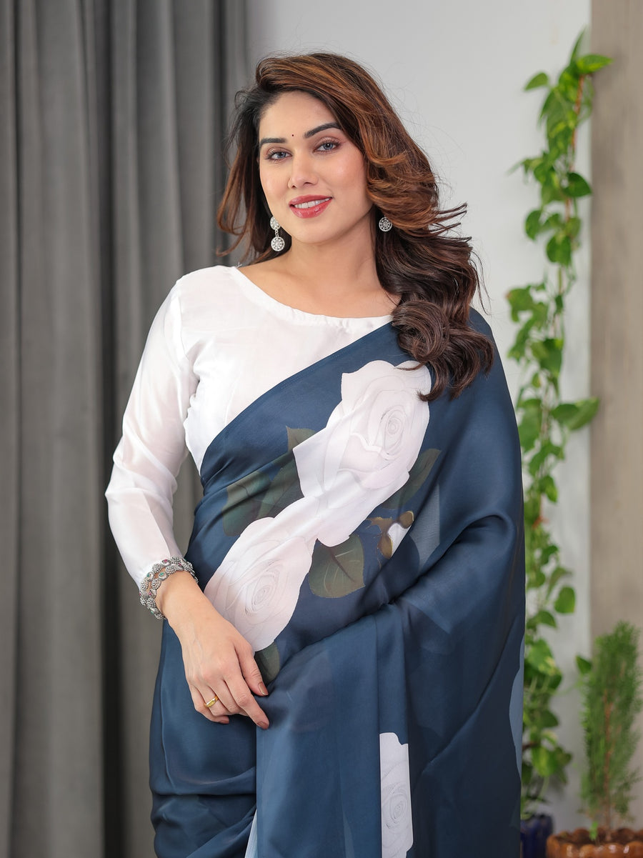 Midnight Blue Satin Georgette Abstract Floral & Polka Print Saree | Red Brushstroke – Buy Online