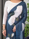 Midnight Blue Satin Georgette Abstract Floral & Polka Print Saree | Red Brushstroke – Buy Online
