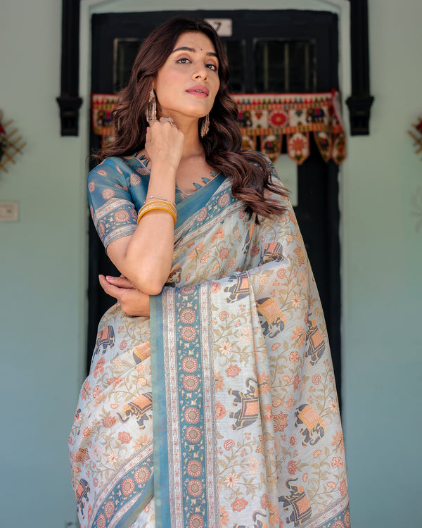 Icy Blue Handloom Cotton Saree with Peach Elephant Motifs & Royal Procession Pallu