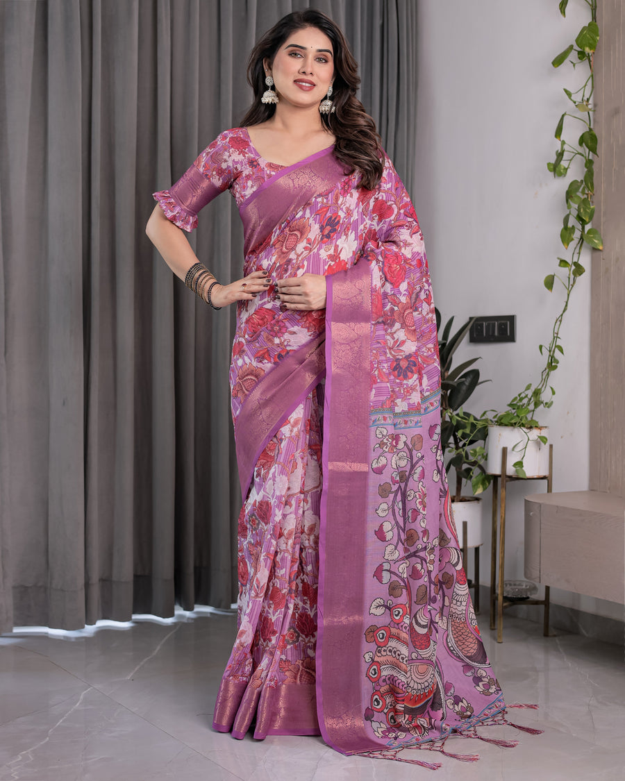 Lavender Pink Handloom Linen Saree with Royal Peacock & Floral Kalamkari Print | Zari Border | 5.5m Saree + 0.8m Blouse Piece