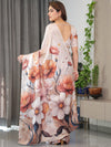 Ivory White Botanical Floral Satin Georgette Saree | Multicolor Tropical Flowers – Buy Online
