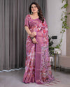 Lavender Pink Handloom Linen Saree with Royal Peacock & Floral Kalamkari Print | Zari Border | 5.5m Saree + 0.8m Blouse Piece