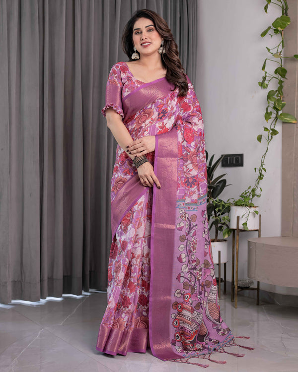 Lavender Pink Handloom Linen Saree with Royal Peacock & Floral Kalamkari Print | Zari Border | 5.5m Saree + 0.8m Blouse Piece