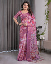 Lavender Pink Handloom Linen Saree with Royal Peacock & Floral Kalamkari Print | Zari Border | 5.5m Saree + 0.8m Blouse Piece