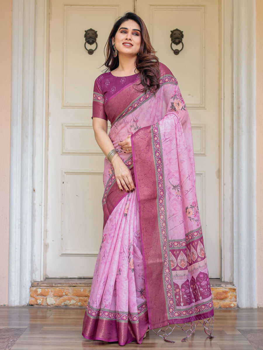 Rose Pink & Magenta Handloom Cotton Floral Printed Saree with Zari Border & Tassels – Traditional Ethnic Wear