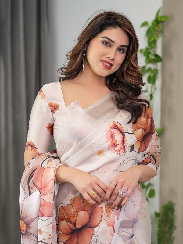 Ivory White Botanical Floral Satin Georgette Saree | Multicolor Tropical Flowers – Buy Online