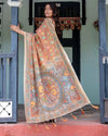 Terracotta Handloom Cotton Saree with Blooming Floral Print & Madhubani Fish Pallu