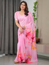 Blush Pink Satin Georgette Abstract Floral Printed Saree with Attached Blouse – Buy Online