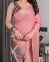 Peach Handloom Cotton Saree with Illustrated Story Panel Prints & Zari Border | Artistic Ethnic Wear | 5.5m Saree + 0.8m Blouse Piece