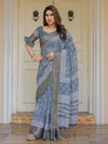 Slate Grey Handloom Cotton Ethnic Printed Saree with Zari Border & Tassels – Classic Traditional Wear