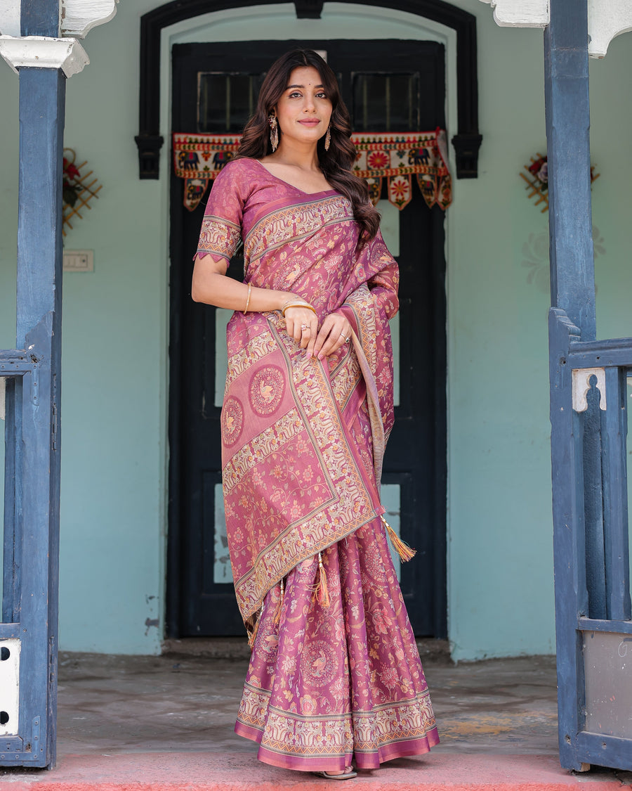 Plum Rose Handloom Cotton Saree with Floral Buttas & Traditional Peacock Medallion Pallu