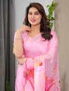 Blush Pink Satin Georgette Abstract Floral Printed Saree with Attached Blouse – Buy Online