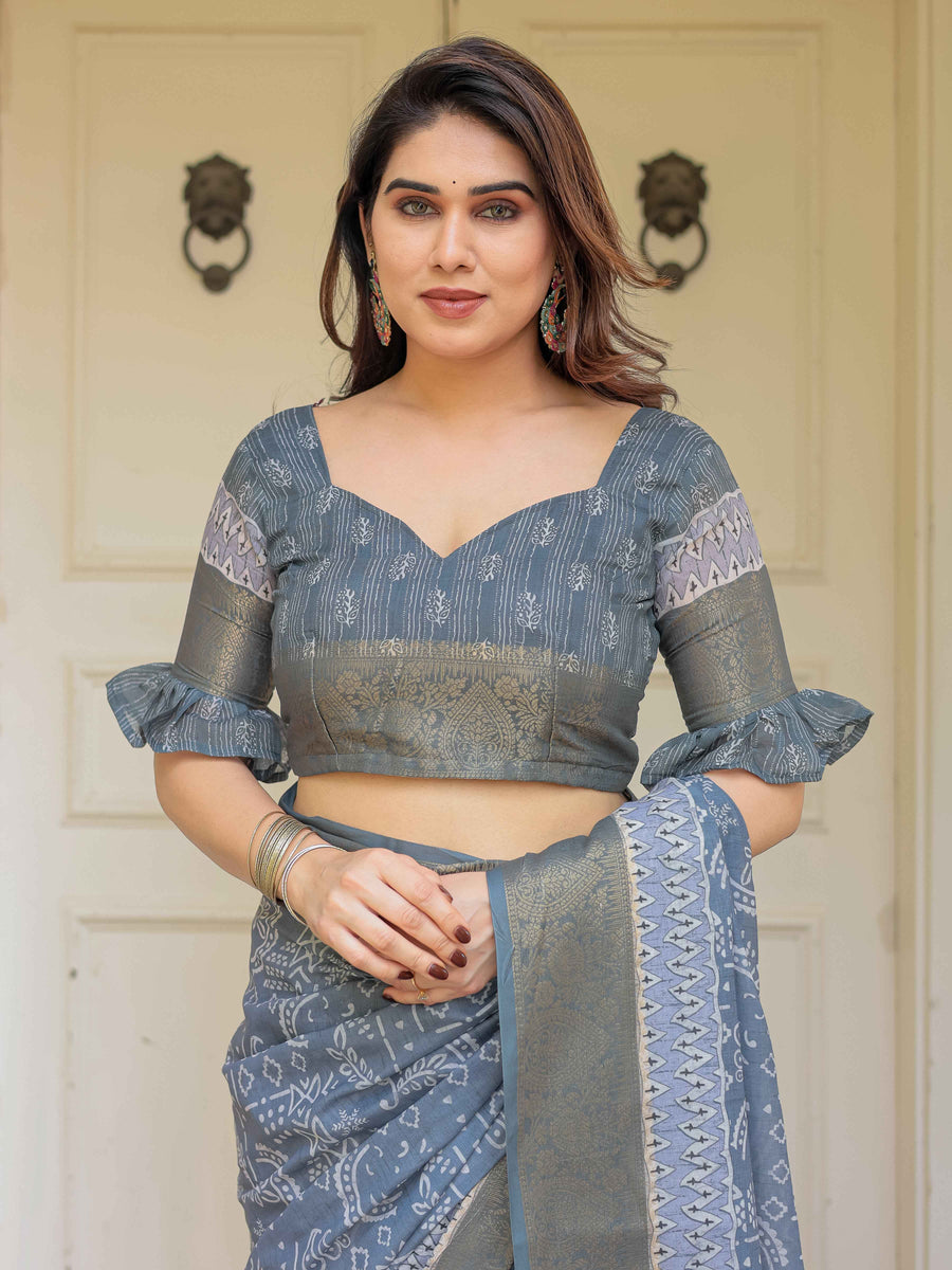 Slate Grey Handloom Cotton Ethnic Printed Saree with Zari Border & Tassels – Classic Traditional Wear