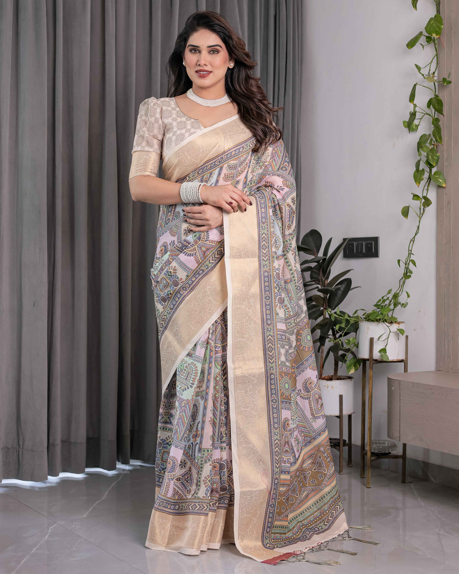 Beige Handloom Linen Saree with Tribal & Peacock Multicolor Digital Print | Traditional Art Pallu with Zari Border | 5.5m Saree + 0.8m Blouse