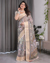 Beige Handloom Linen Saree with Tribal & Peacock Multicolor Digital Print | Traditional Art Pallu with Zari Border | 5.5m Saree + 0.8m Blouse