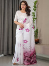 Pearl White Satin Georgette Ombre Rose Printed Saree with Attached Blouse – Buy Online