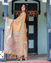 Golden Mustard Handloom Cotton Saree with Floral Vines & Graceful Deer Pallu