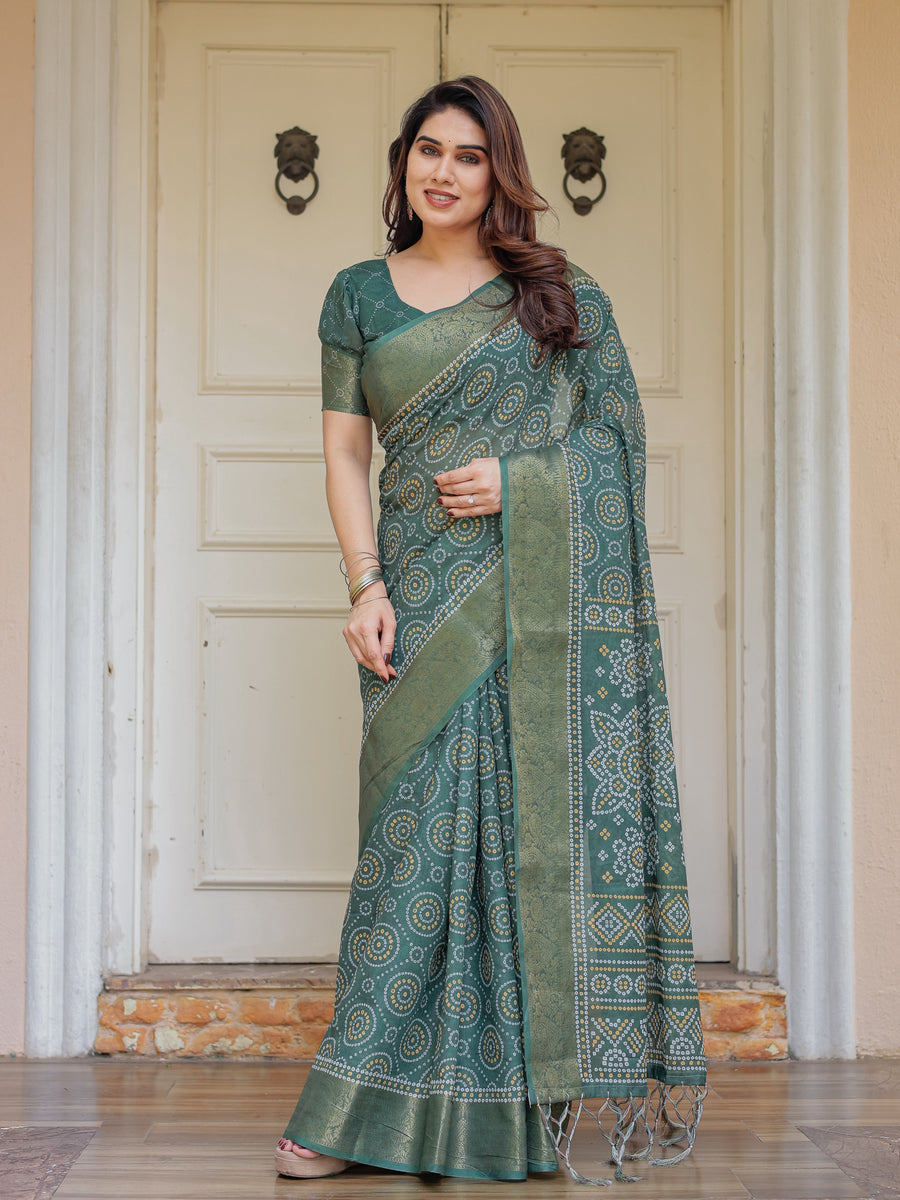 Bottle Green Handloom Cotton Bandhani Inspired Printed Saree with Zari Border & Tassels – Traditional Ethnic Wear