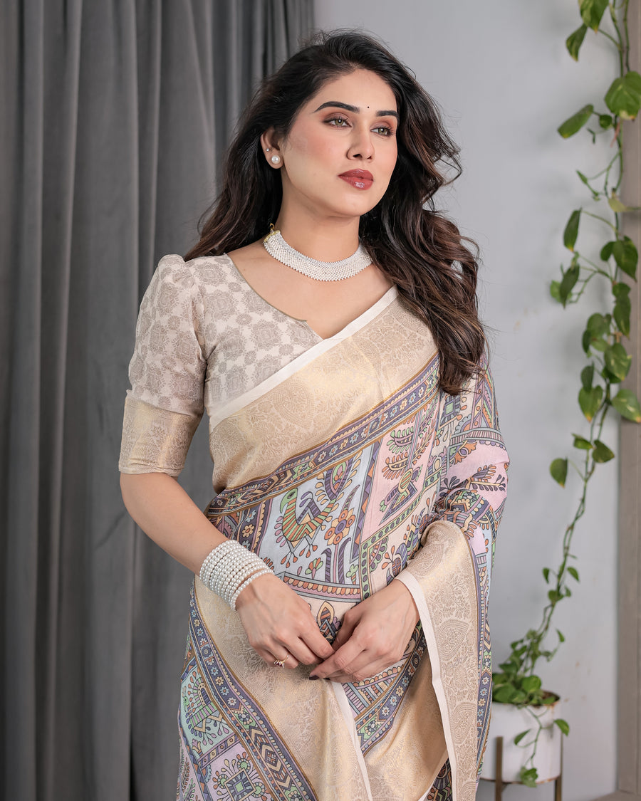 Beige Handloom Linen Saree with Tribal & Peacock Multicolor Digital Print | Traditional Art Pallu with Zari Border | 5.5m Saree + 0.8m Blouse
